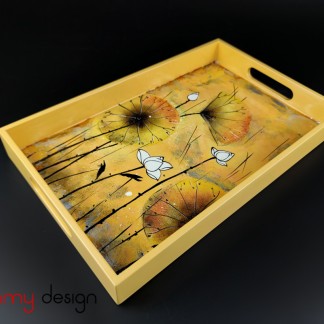 Yellow rectangular lacquer tray with hand-painted Water lilies  22*35cm